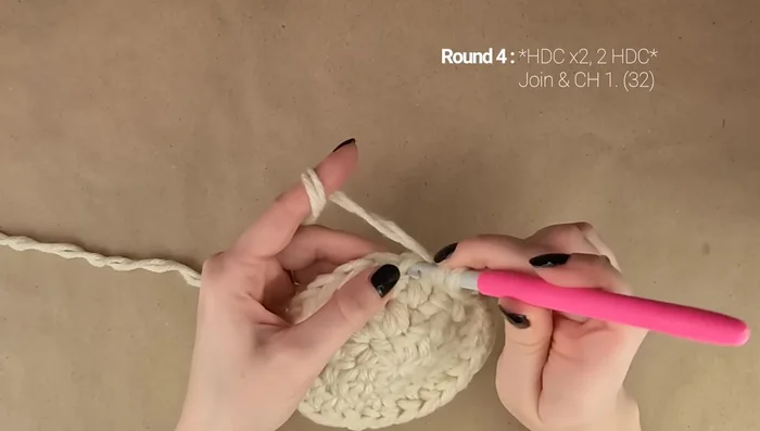 Round 7: *1 hdc in each of the next 5 stitches, 2 hdc in next stitch*; repeat around (56 stitches total).