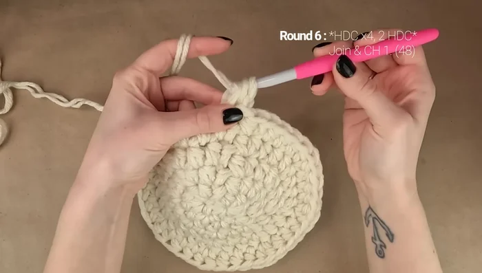 Round 7: *1 hdc in each of the next 5 stitches, 2 hdc in next stitch*; repeat around (56 stitches total).