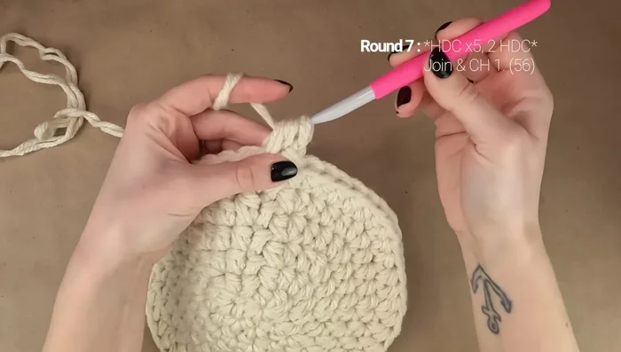 Round 7: *1 hdc in each of the next 5 stitches, 2 hdc in next stitch*; repeat around (56 stitches total).