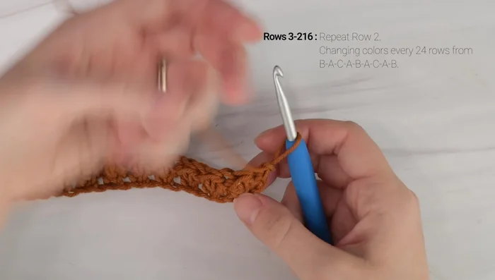 Color Changes: Change colors every 24 rows (or as desired). To change colors, on the last slip stitch of a row, insert your hook, drop the current color, pick up the new color, and pull through.