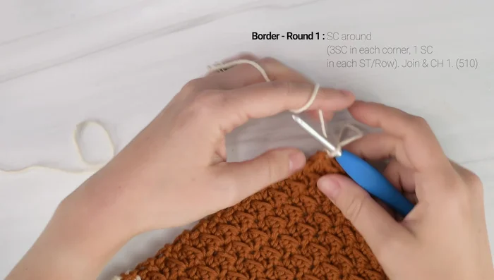 Border (Round 1): Single crochet around. Work 3 single crochets in each corner, 1 single crochet in each stitch along the sides and bottom/top.