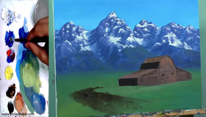 Adding details to the field with a mix of yellow, blue, and white for texture.