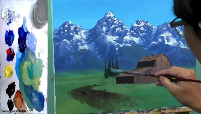 Adding pine trees using a mix of green tones (blue, red, yellow, raw umber).