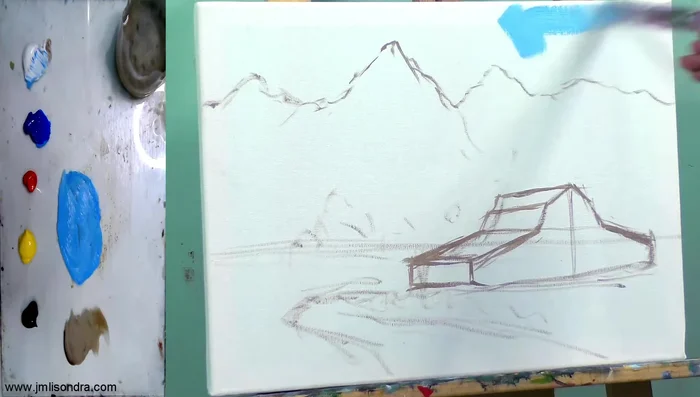 Adding highlights to the mountain with lighter bluish-purple.