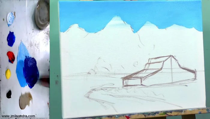 Adding highlights to the mountain with lighter bluish-purple.