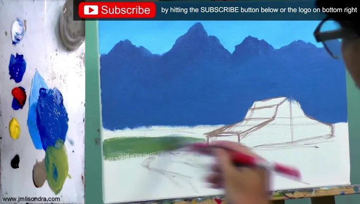 Painting the field/grassy field with yellow and a little bit of blue and water.