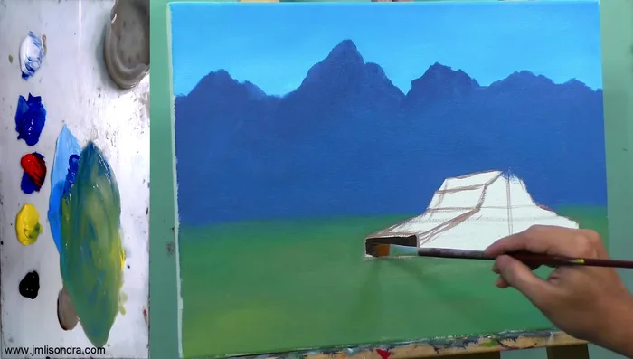 Creating the barn's darker sketch using Raw Umber.