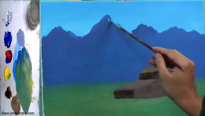 Adding highlights to the mountain with lighter bluish-purple.