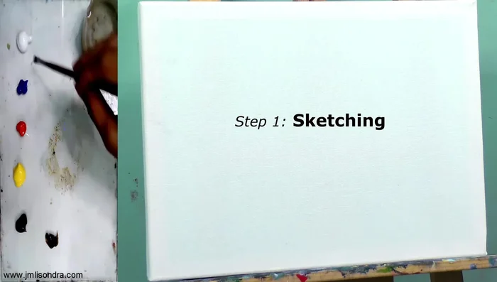 Sketching the landscape using a number 2 Nyon flat brush with a mix of Raw Umber and white.