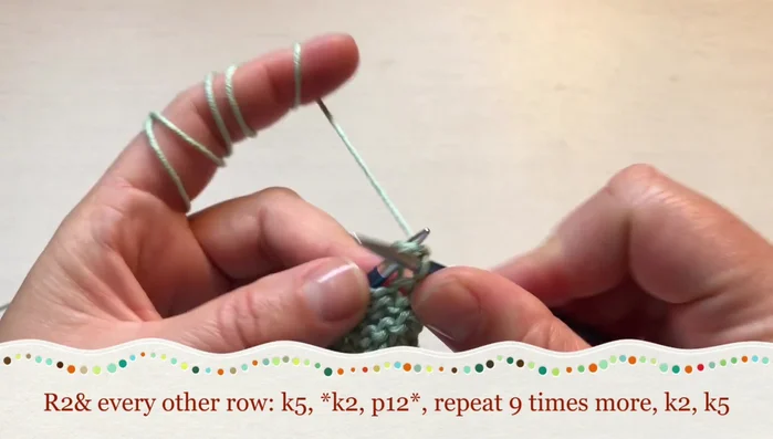 Row 2 (Wrong side) and every other wrong-side row: Knit 5 (garter border), slip marker, knit 2, slip marker, purl 12 (including yarn overs), knit 2, slip marker, repeat, knit 5 (garter border).