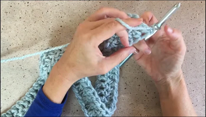 Row 3: Chain 1, turn, hdc in the front third loop across.