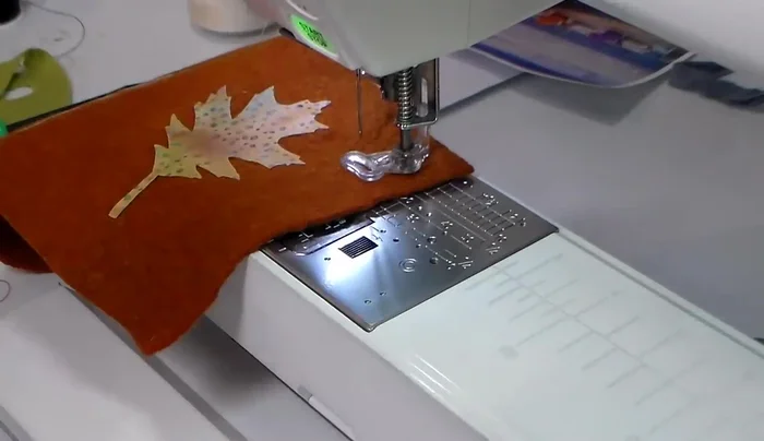 Sew the leaf shapes onto felt, leaving some felt showing around the edges. Use free motion stitching with a variegated thread for a decorative effect.