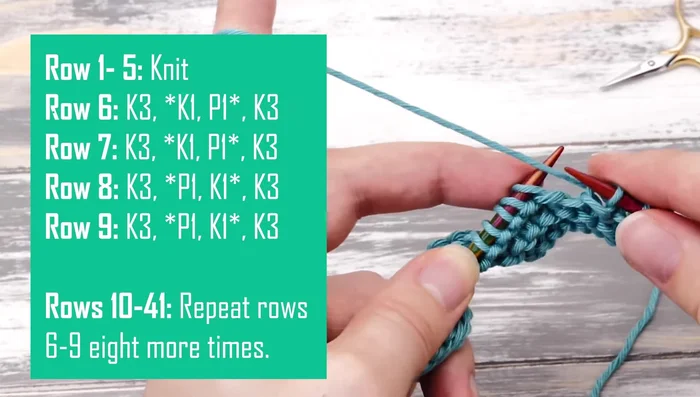 Repeat step 3 for a total of 36 rows of moss stitch. Alternate between rows starting with knit three and rows starting with purl one.