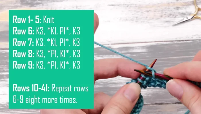 Repeat step 3 for a total of 36 rows of moss stitch. Alternate between rows starting with knit three and rows starting with purl one.