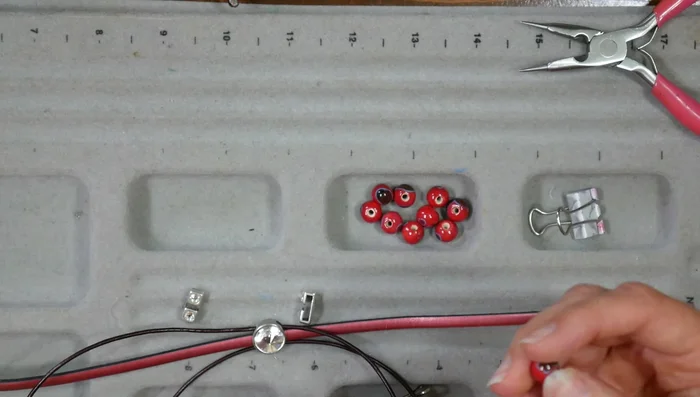 Create a simple beaded bracelet: Braid three cords together, adding beads, and glue to magnetic clasps.