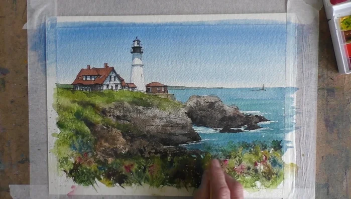 Use a beige pastel pencil for light sections of the fence and beach.