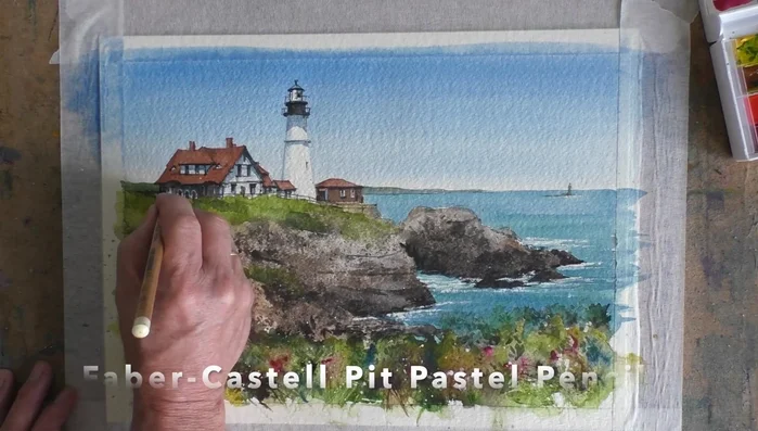 Use a beige pastel pencil for light sections of the fence and beach.