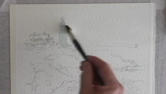 Paint the sea using the same sky mix with added Sap Green, dropping in wet-on-wet Ultramarine blue.