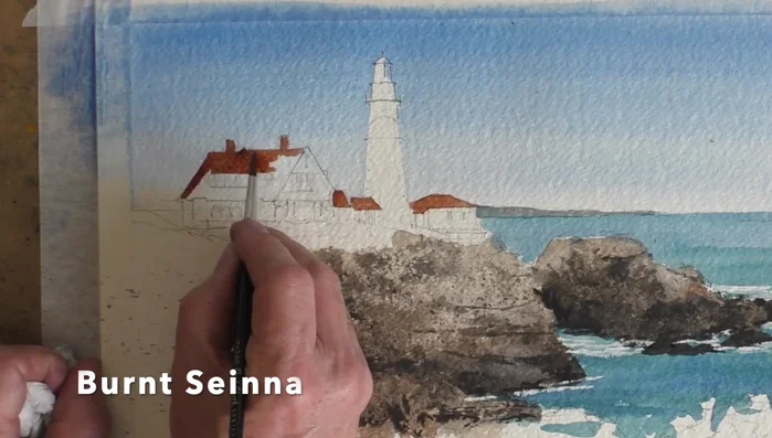 Add a soft shadow to the lighthouse and subtle details with Payne's Grey.