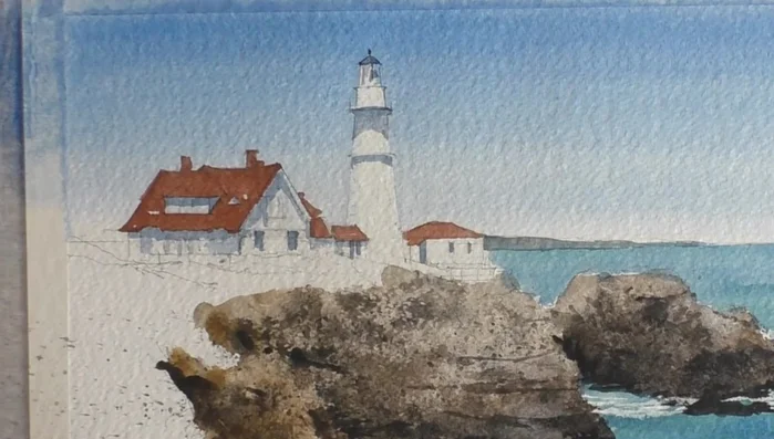 Add a soft shadow to the lighthouse and subtle details with Payne's Grey.