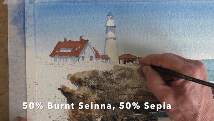 Paint the wooden building with Burnt Sienna and Sepia.