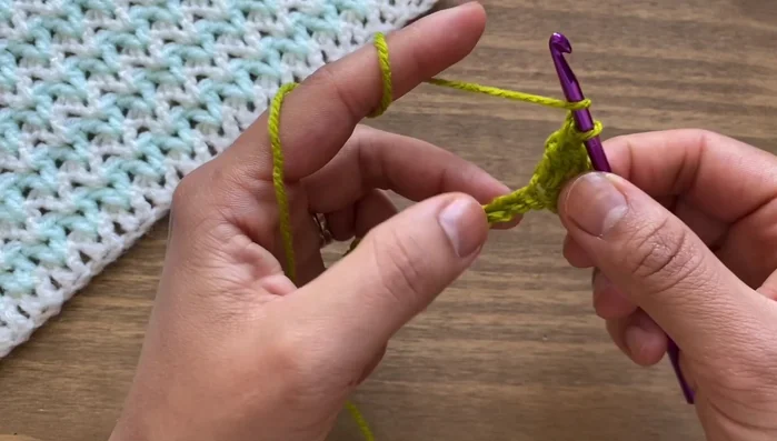 Skip the next chain and work two double crochets in the following chain.