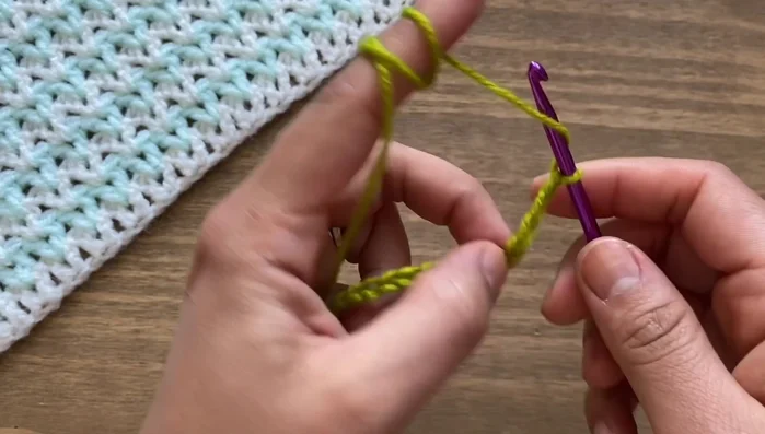 Skip the next chain and work two double crochets in the following chain.