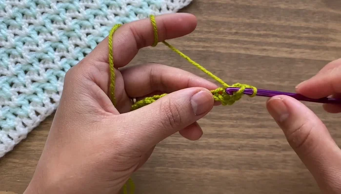 Skip the next chain and work two double crochets in the following chain.