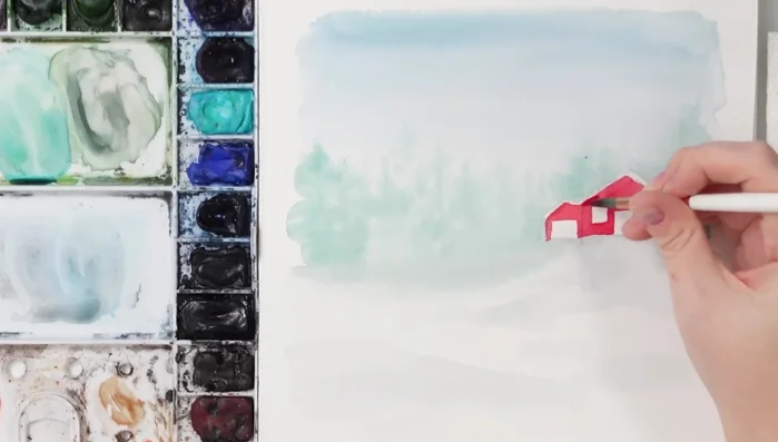 Darken the lower portion of the house with a darker red or a mix of red and black to create shadows.