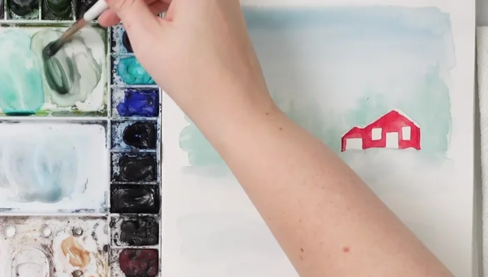 Paint evergreen trees using dark greens (or a mix of green and purple) with uneven, vertical strokes, adding lighter touches to suggest snow.