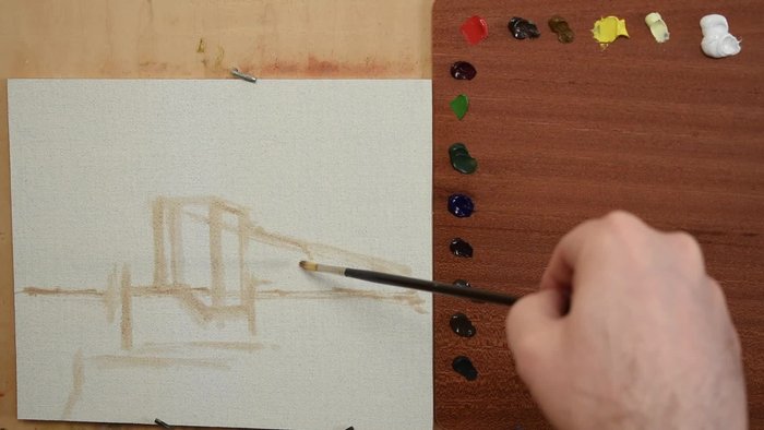 Roughly draw the castle with a small long filter brush and Burnt Umber, focusing on composition.