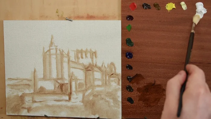 Block in the general colors, shapes, and values of the castle, mountains, and landforms. Use a matching color and tonality for distant elements to create depth.