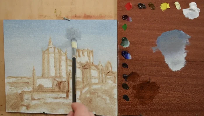 Block in the general colors, shapes, and values of the castle, mountains, and landforms. Use a matching color and tonality for distant elements to create depth.