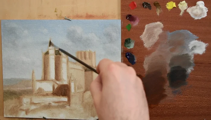 Block in the general colors for the castle walls and conical roofs, using saturated colors for the foreground foliage and trees to bring them forward.