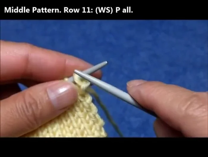 Row 14: Knit two together, yarn over, knit three, yarn over, SSK, repeat these seven stitches to the end.