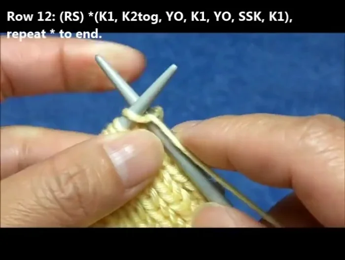 Row 14: Knit two together, yarn over, knit three, yarn over, SSK, repeat these seven stitches to the end.