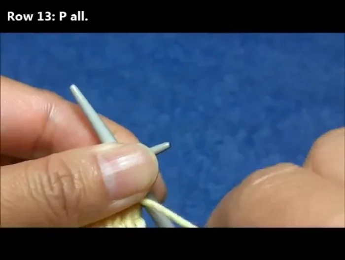 Row 14: Knit two together, yarn over, knit three, yarn over, SSK, repeat these seven stitches to the end.