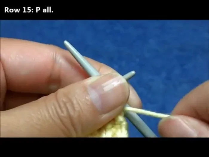 Row 16: Knit two together, yarn over, slip one, knit two together, pass slipped stitch over, yarn over, knit two, repeat these seven stitches to the end.