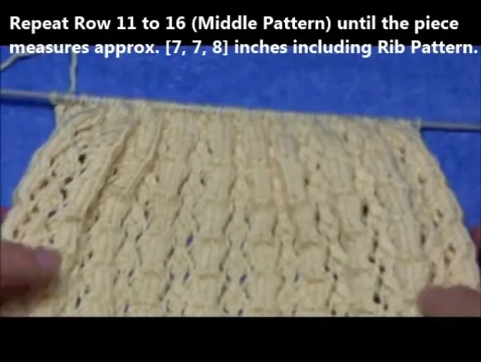 Repeat Rows 11-16 until piece measures approximately 8 inches including the rib pattern.