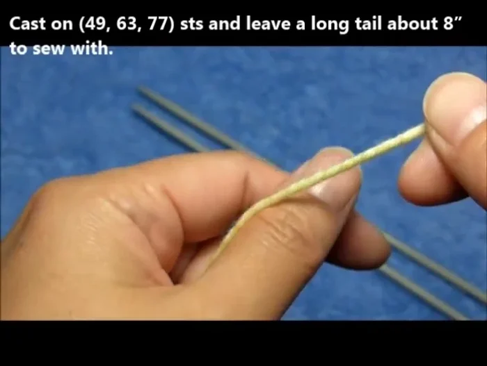 Cast on 77 stitches and leave a long tail for later.