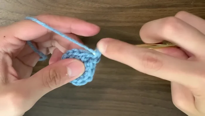 Round 6: Single crochet in every stitch (no increases). Continue with single crochet rounds until desired stripe length is reached. (The tutorial uses 3 rounds of blue, 2 rounds of white, 2 rounds of blue, and 2 rounds of white.)
