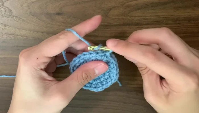 Round 6: Single crochet in every stitch (no increases). Continue with single crochet rounds until desired stripe length is reached. (The tutorial uses 3 rounds of blue, 2 rounds of white, 2 rounds of blue, and 2 rounds of white.)