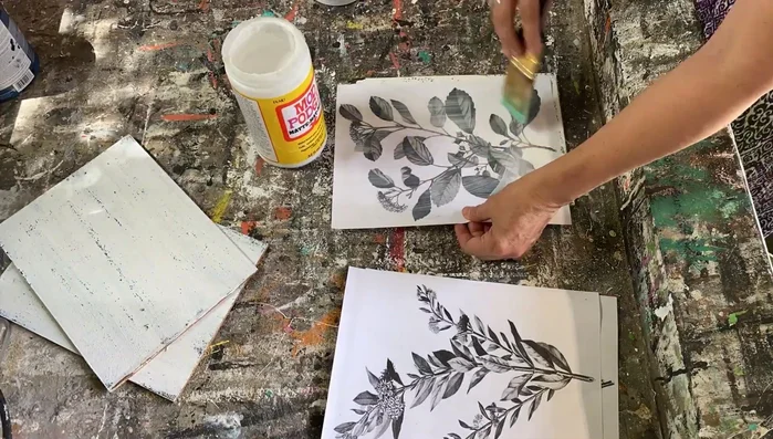 Apply botanical prints using the reverse graphic transfer method with Mod Podge Matte.