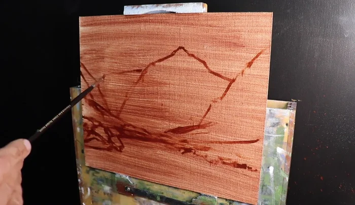 Establish dark values using Ultramarine blue, Burnt sienna, and Titanium white. Introduce Quinacridone crimson for violet shadows.