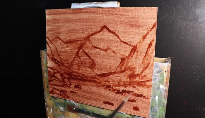 Establish dark values using Ultramarine blue, Burnt sienna, and Titanium white. Introduce Quinacridone crimson for violet shadows.