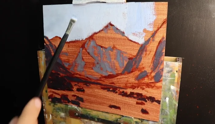 Add snow highlights with Titanium white and Burnt sienna.