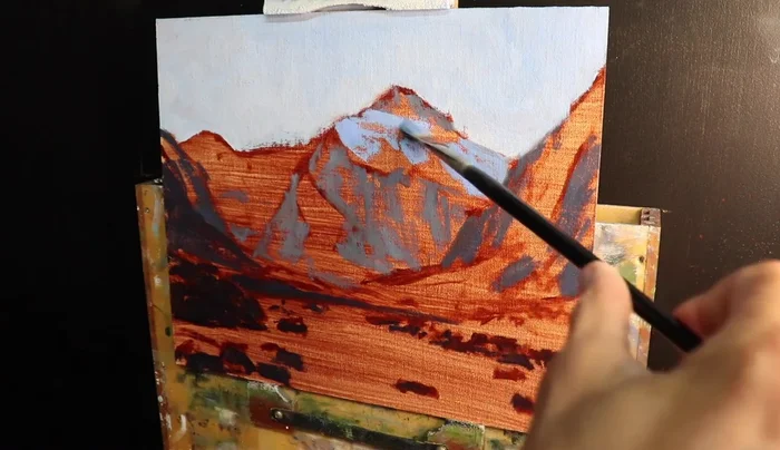 Add snow highlights with Titanium white and Burnt sienna.