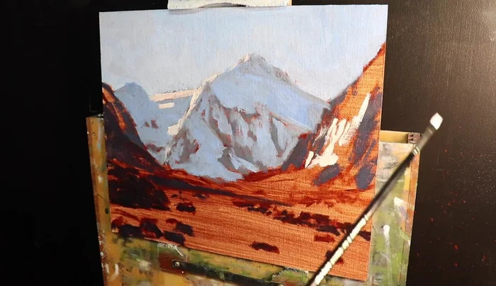 Add snow highlights with Titanium white and Burnt sienna.
