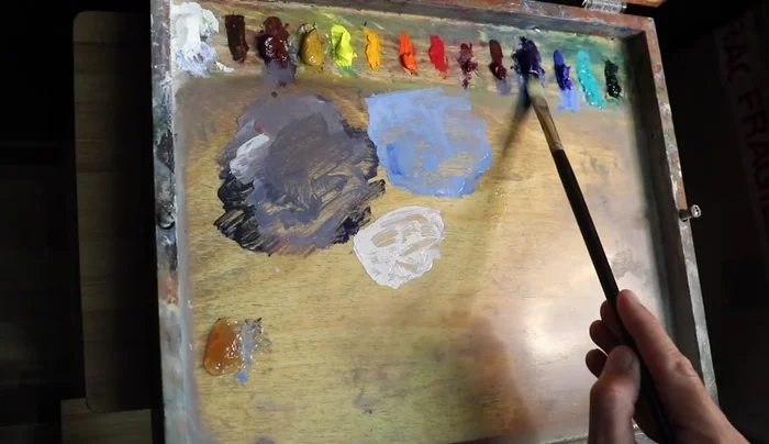 Block in mid-ground elements (trees, grass, shrubs) using a mix of Ultramarine blue, Yellow oxide, Titanium white, and Quinacridone crimson. Adjust saturation as needed.