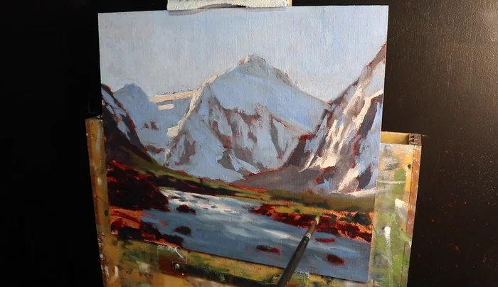 Block in mid-ground elements (trees, grass, shrubs) using a mix of Ultramarine blue, Yellow oxide, Titanium white, and Quinacridone crimson. Adjust saturation as needed.